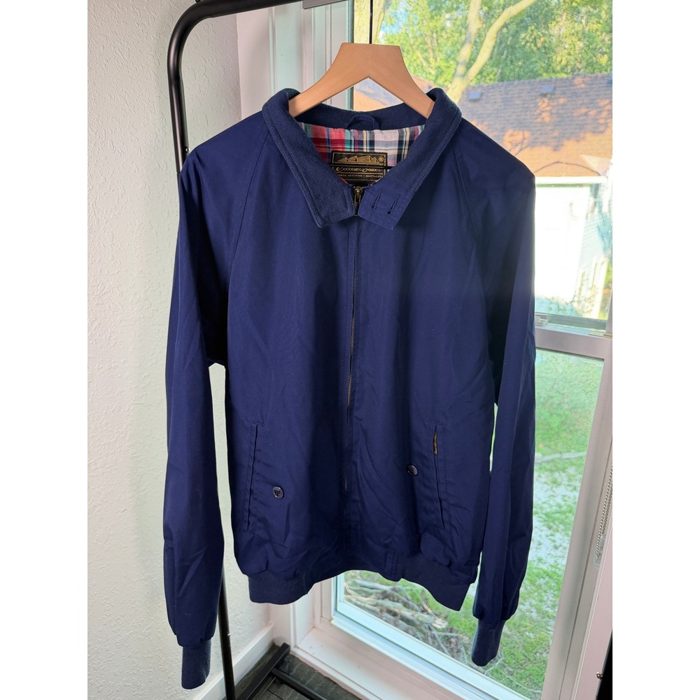 Vintage Eddie Bauer Harrington Jacket Mens Large Navy Blue Plaid Lined Full Zip